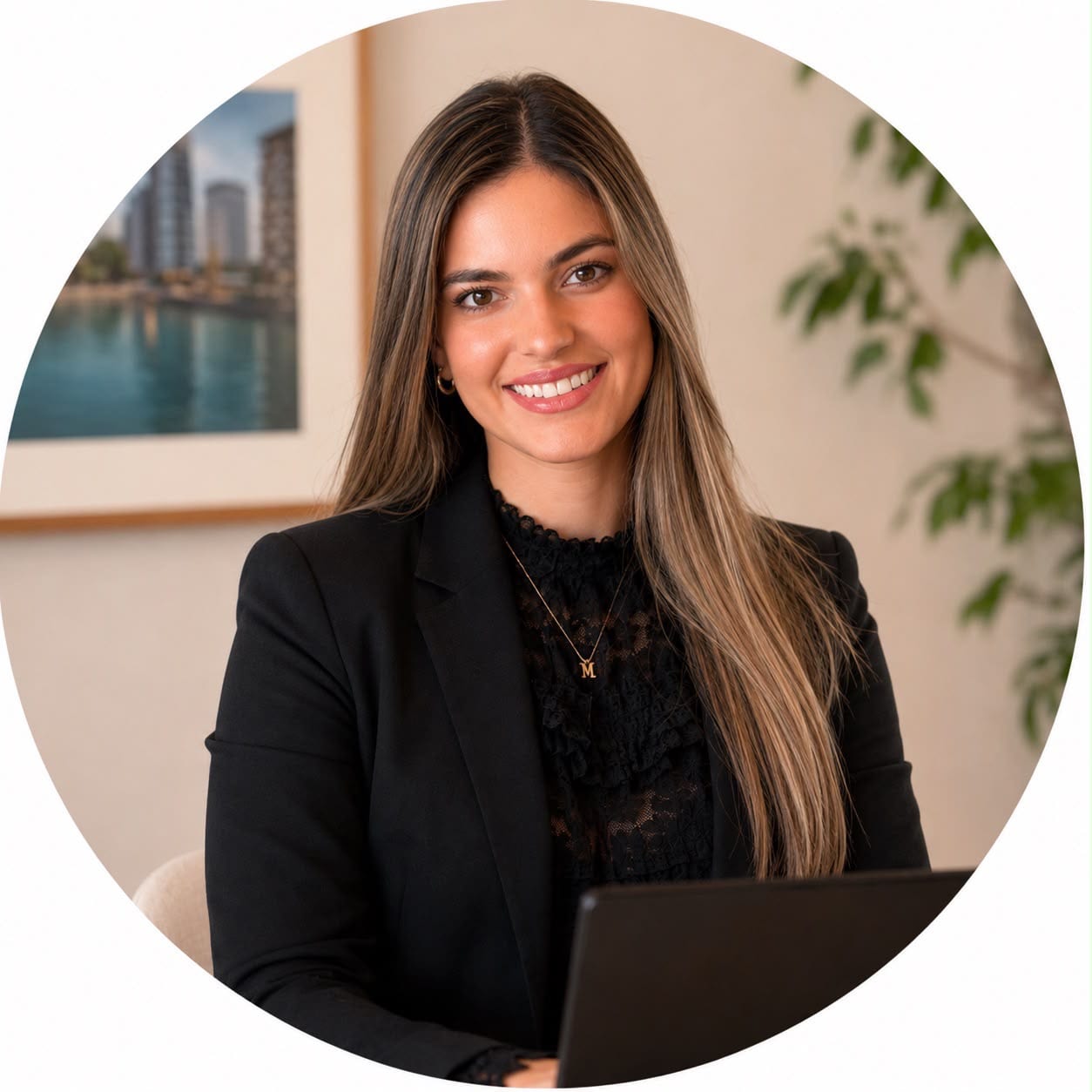 Magali Koop, consultora en inversiones inmobiliarias, sonriendo frente a su notebook en la oficina.