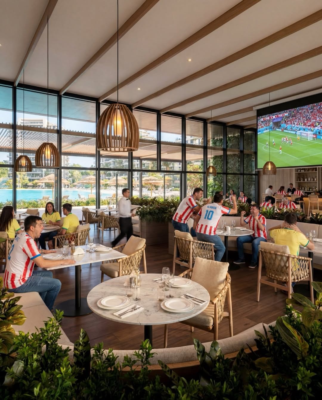 Interior del club house de Marena: restaurante con ventanales de piso a techo y vista directa a la laguna.