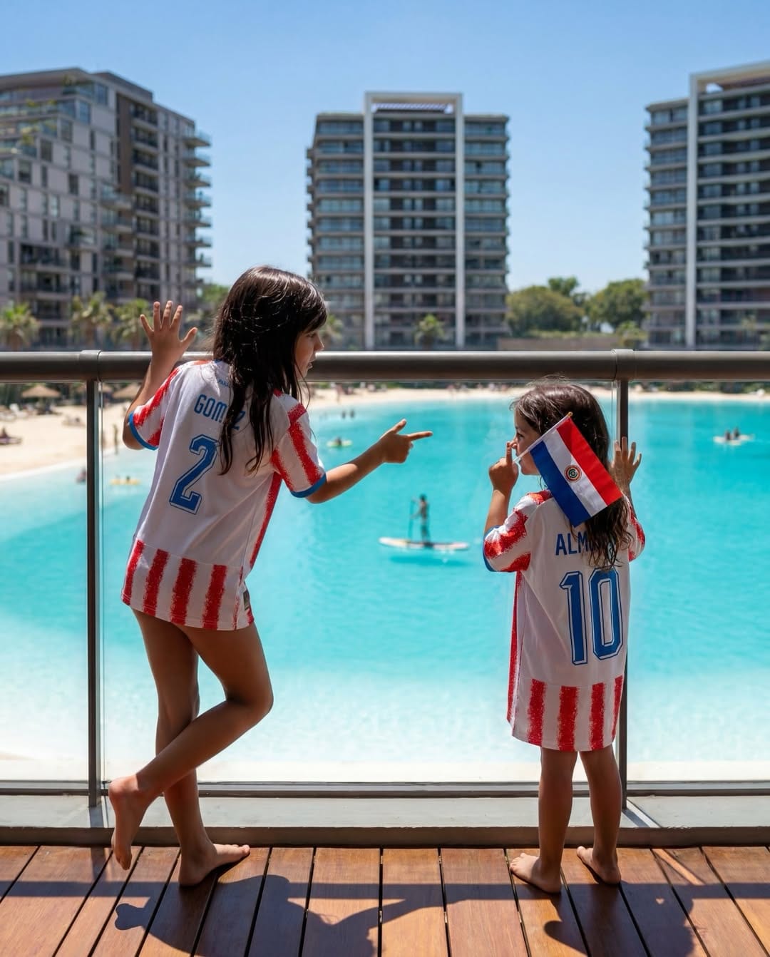 Dos niñas mirando la laguna cristalina desde el balcón de un departamento, con las torres al fondo.
