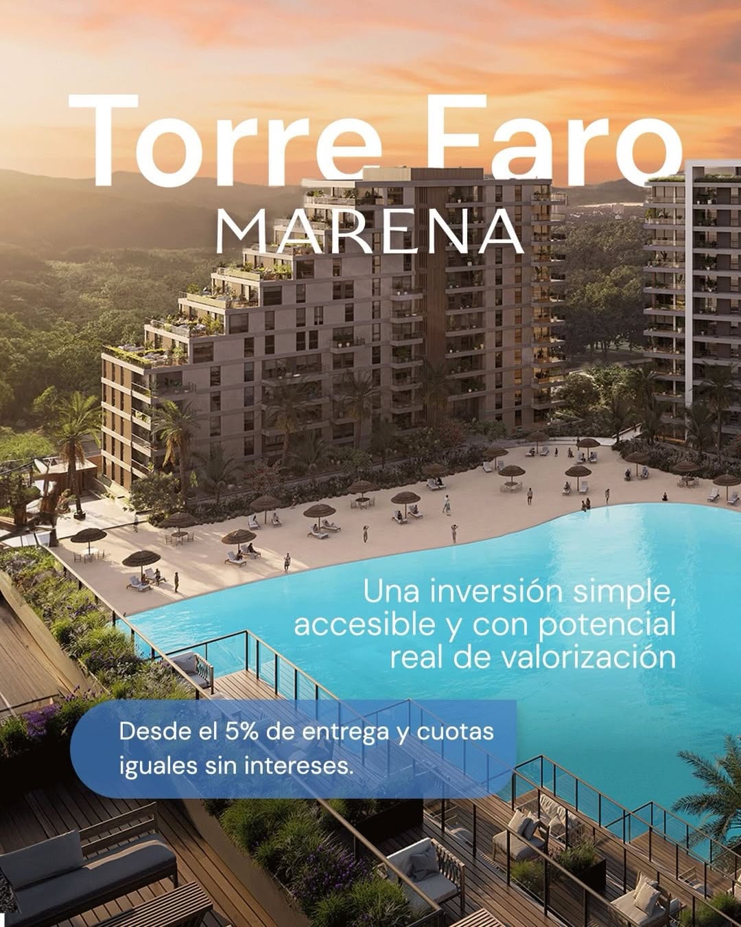 Render de la Torre Faro de Marena al atardecer, con la laguna y la playa en primer plano.